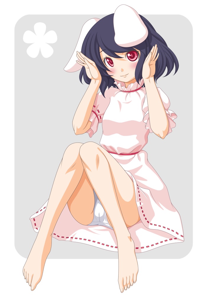 animal_ears barefoot black_hair blush bunny_ears commentary_request dress full_body inaba_tewi panties pantyshot red_eyes simple_background smile solo t2r touhou underwear white_panties