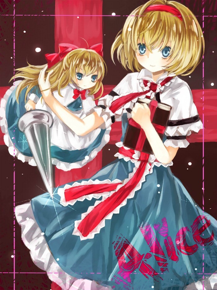 alice_margatroid apron arm_up bad_id bad_pixiv_id blonde_hair blue_eyes book bow brown_background capelet character_name dress flying frown glint hair_bow headband lance long_hair long_sleeves looking_at_viewer onaga polearm ribbon sash shanghai_doll short_hair short_sleeves smile solo striped striped_background touhou waist_apron weapon