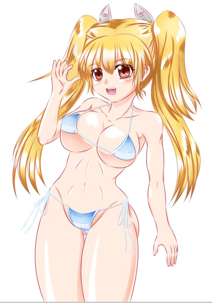 bikini blonde_hair blush breasts brown_eyes kedamaru_(gamepasolife) large_breasts long_hair micro_bikini navel open_mouth phantasy_star phantasy_star_online_2 shiny shiny_skin skindentation smile solo strap_gap swimsuit thigh_gap twintails