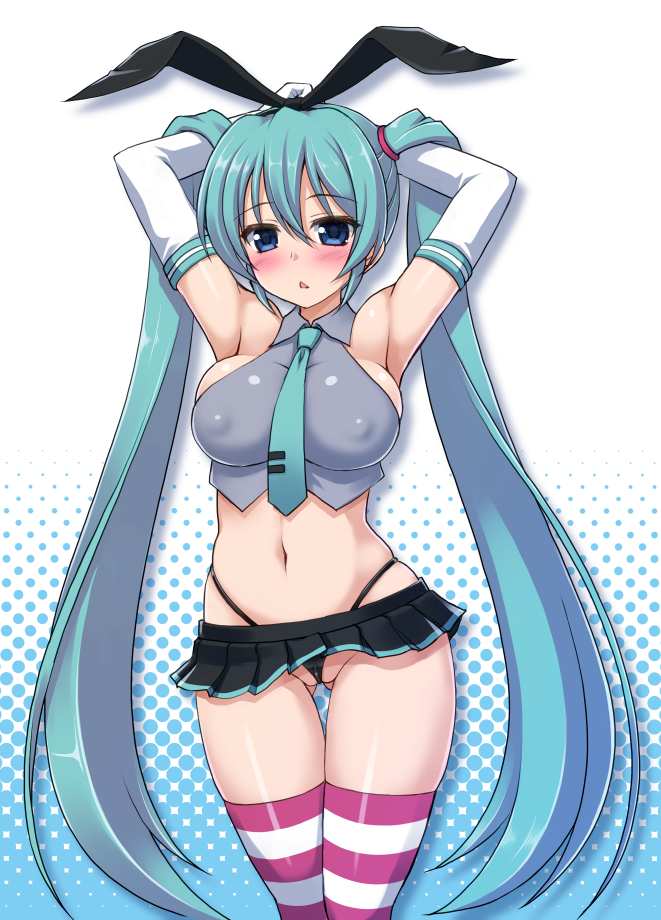adapted_costume aqua_hair armpits arms_up blue_eyes blush breasts cosplay covered_nipples crop_top elbow_gloves g-string gloves hair_ribbon halftone halftone_background halterneck hatsune_miku hormone_koijirou kantai_collection large_breasts long_hair microskirt navel necktie panties pleated_skirt ribbon shimakaze_(kantai_collection) shimakaze_(kantai_collection)_(cosplay) skirt solo striped striped_legwear thigh_gap thighhighs thong triangle_mouth twintails underwear very_long_hair vocaloid