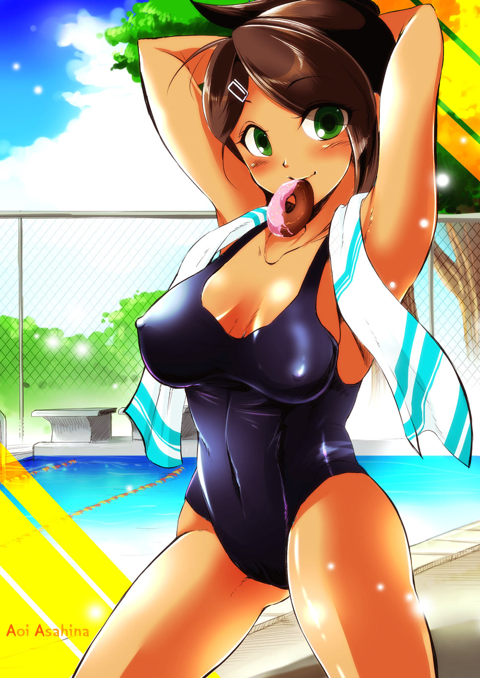 asahina_aoi bad_id bad_pixiv_id blue_sky breasts brown_hair character_name cleavage cloud covered_nipples danganronpa danganronpa_1 dark_skin day doughnut food fujii_mochi green_eyes hair_ornament hands_on_own_head highres large_breasts one-piece_swimsuit ponytail pool sky smile solo swimsuit towel tree water