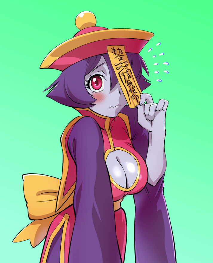 blue_skin blush breasts chinese_clothes cleavage cleavage_cutout embarrassed flying_sweatdrops green_background hat jiangshi large_breasts lei_lei ofuda one_eye_covered purple_hair red_eyes short_hair solo ueyama_michirou vampire_(game) wavy_mouth