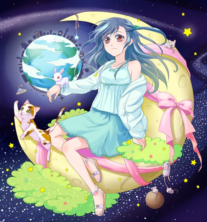blue_hair bunny cat crescent_moon earth jacket long_hair moon mouse original planet red_eyes ribbon sandals shooting_star sitting skirt smile solo space star