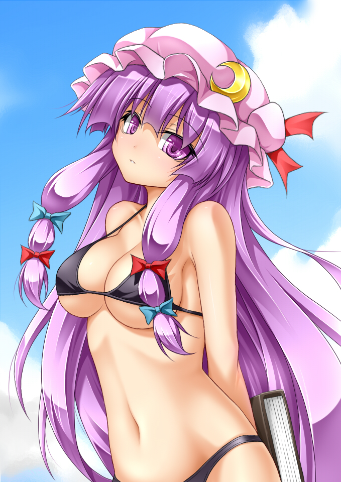 alternate_costume arms_behind_back bikini black_bikini blush book bow breasts cleavage crescent hat large_breasts long_hair looking_at_viewer navel parted_lips patchouli_knowledge purple_eyes purple_hair roura solo strap_gap swimsuit touhou