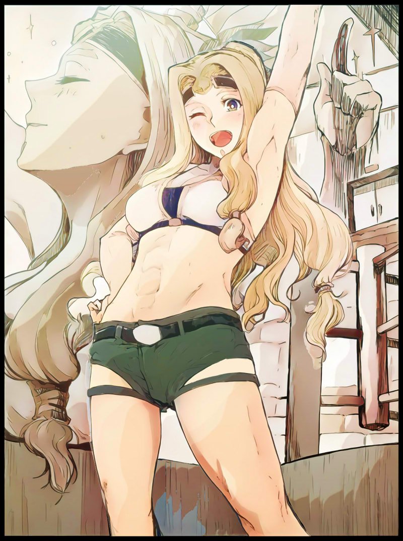 1girl abs alternate_costume alternate_hairstyle belt black_border blonde_hair border boxing_ring circlet fate/grand_order fate_(series) long_hair low-tied_long_hair one_eye_closed pointing pointing_up ponytail quetzalcoatl_(fate/grand_order) short_shorts shorts sweat syatey toned