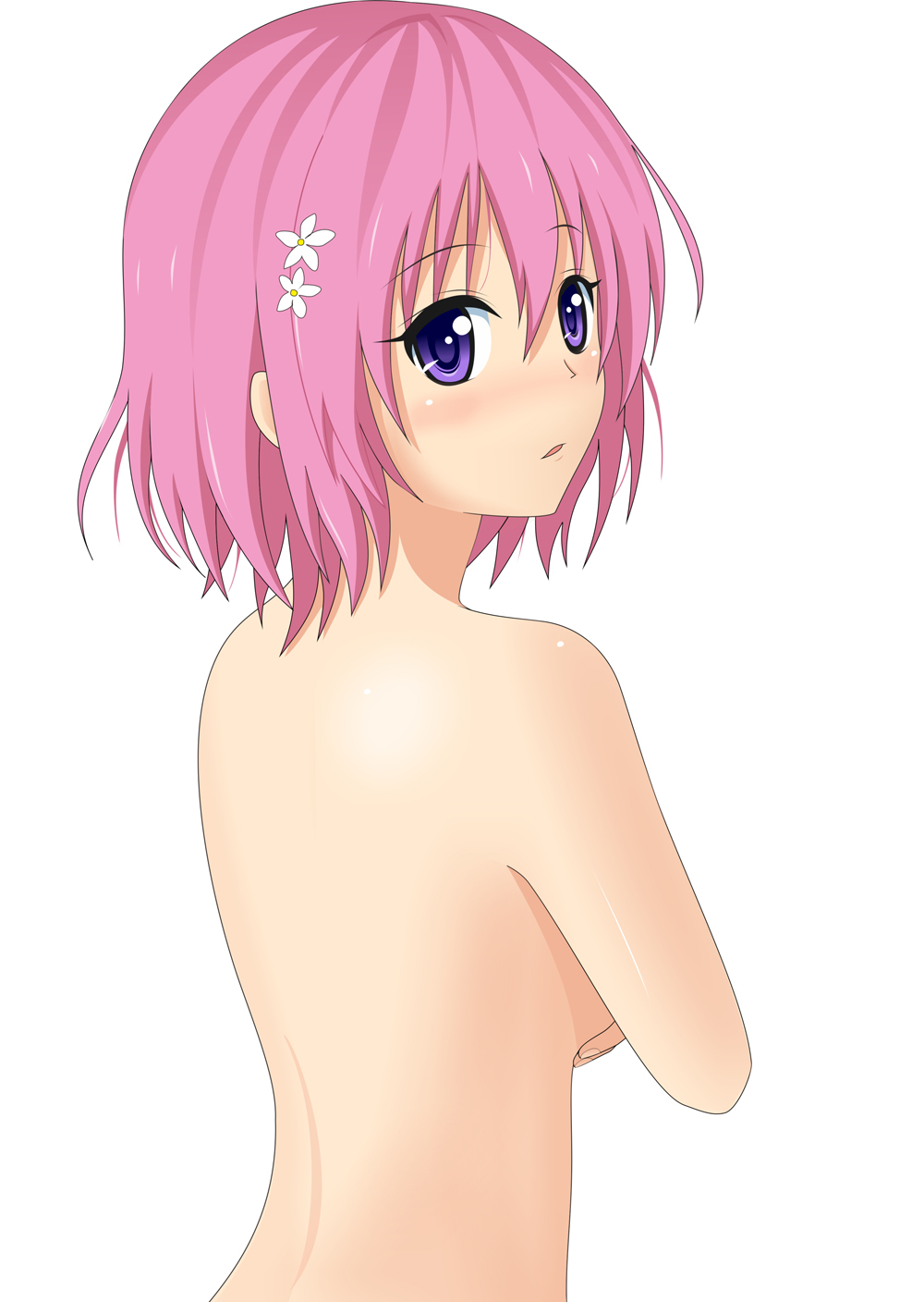 aki99 back blush breasts covering covering_breasts flower from_behind hair_flower hair_ornament highres looking_back medium_breasts momo_velia_deviluke nude open_mouth pink_hair purple_eyes short_hair solo to_love-ru