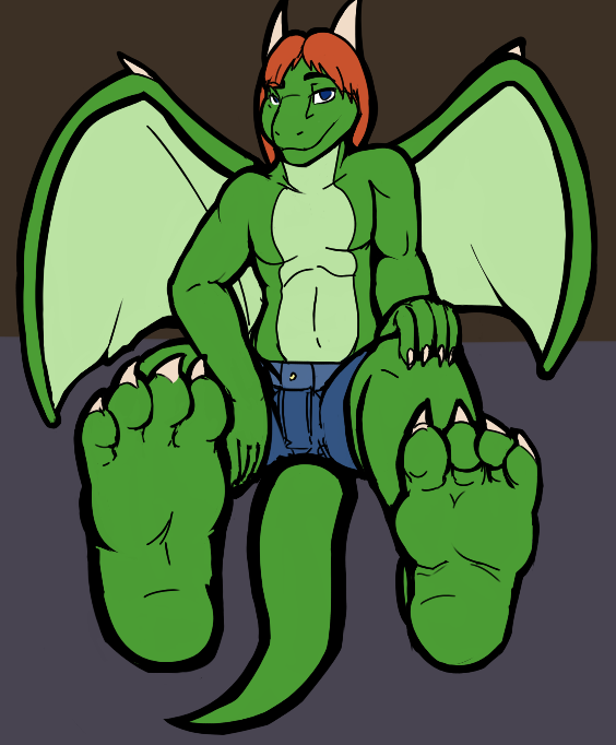 4_toes addylad blue_eyes claws dragon foot_focus futonmania green_dragon hair hindpaw horn looking_at_viewer orange_hair paws scalie simple_background soles solo toe_claws topless wings