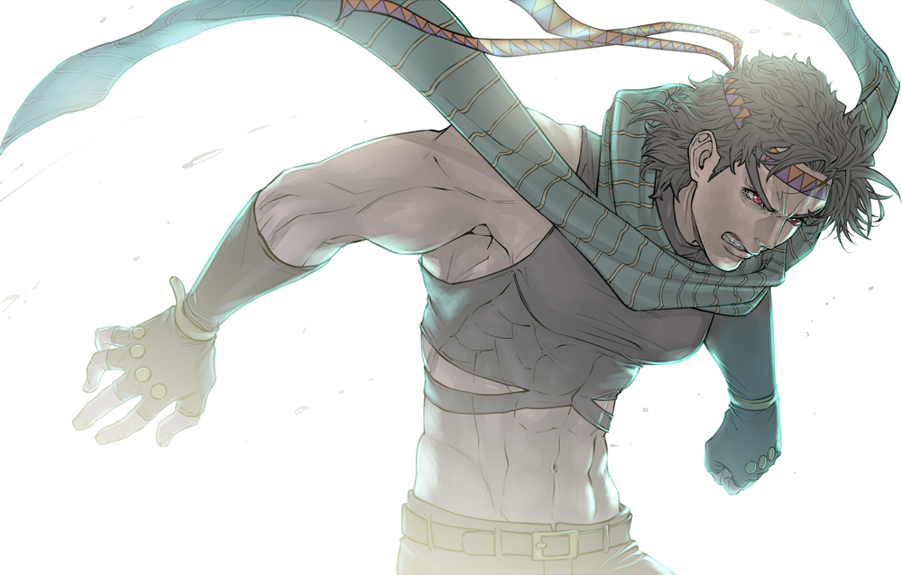 bad_id bad_pixiv_id black_hair brown_hair fingerless_gloves gloves headband jojo_no_kimyou_na_bouken joseph_joestar_(young) male_focus manly midriff muscle red_eyes scarf solo v-room