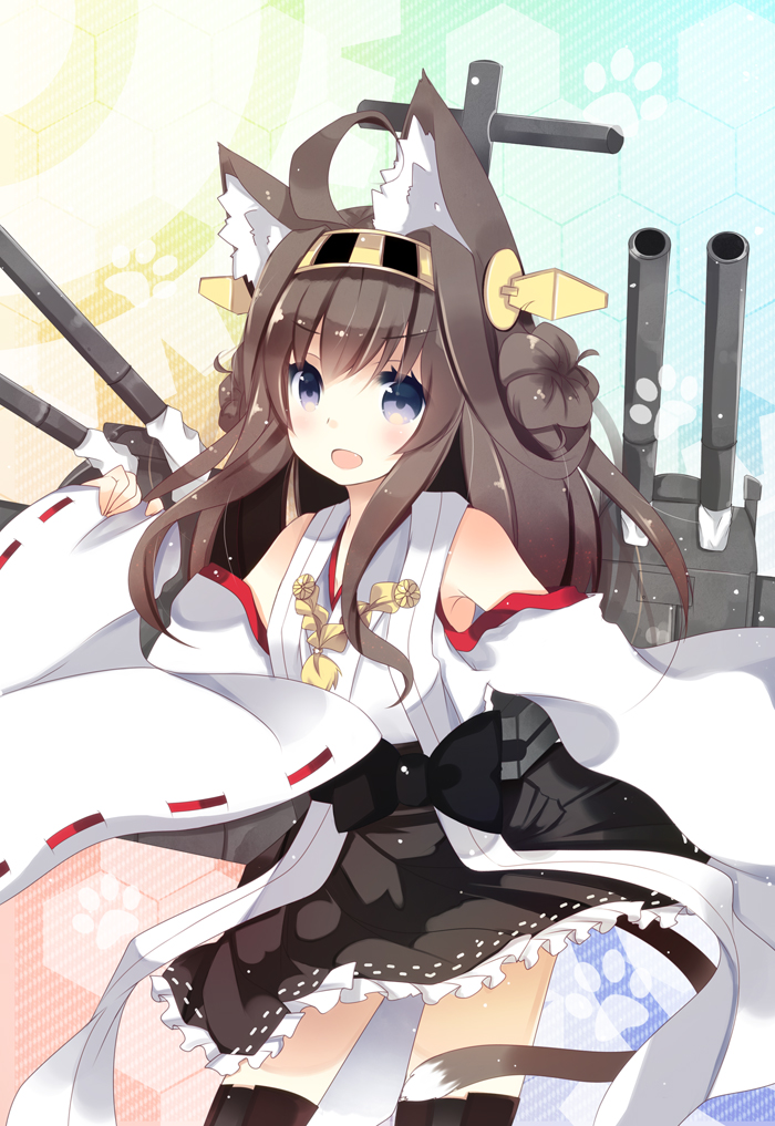 ahoge animal_ears blush brown_hair cat_ears cat_tail detached_sleeves hairband japanese_clothes kantai_collection kemonomimi_mode kongou_(kantai_collection) kurata_yumi long_hair looking_at_viewer open_mouth ribbon-trimmed_sleeves ribbon_trim skirt smile solo tail thighhighs wide_sleeves