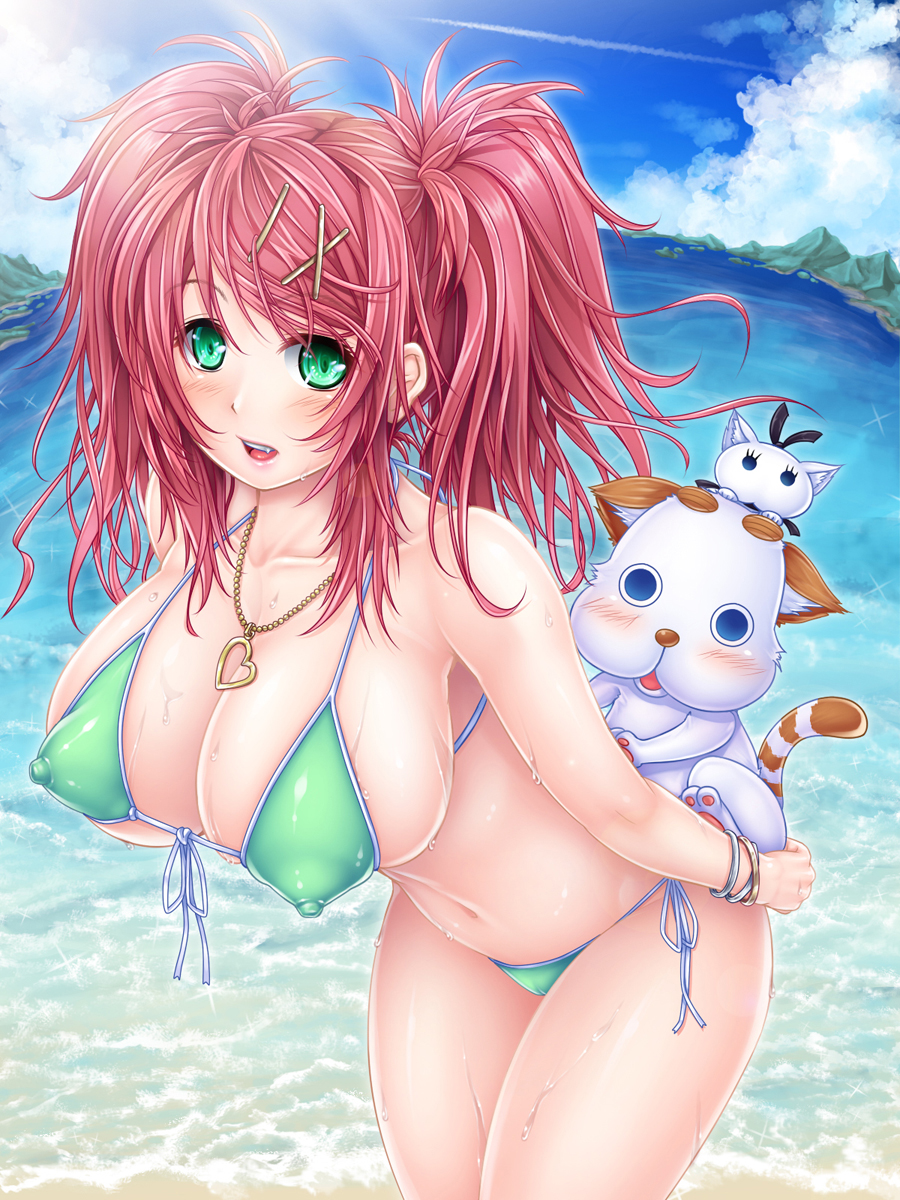 1girl amanchu! aoi_yu beach bikini blush breasts covered_nipples erect_nipples female green_eyes hair_ornament hairclip heart highres huge_breasts jewelry long_hair navel necklace ninomiya_ai nipples ocean open_mouth puffy_nipples red_hair ri-su002 solo swimsuit thighs twintails water wet