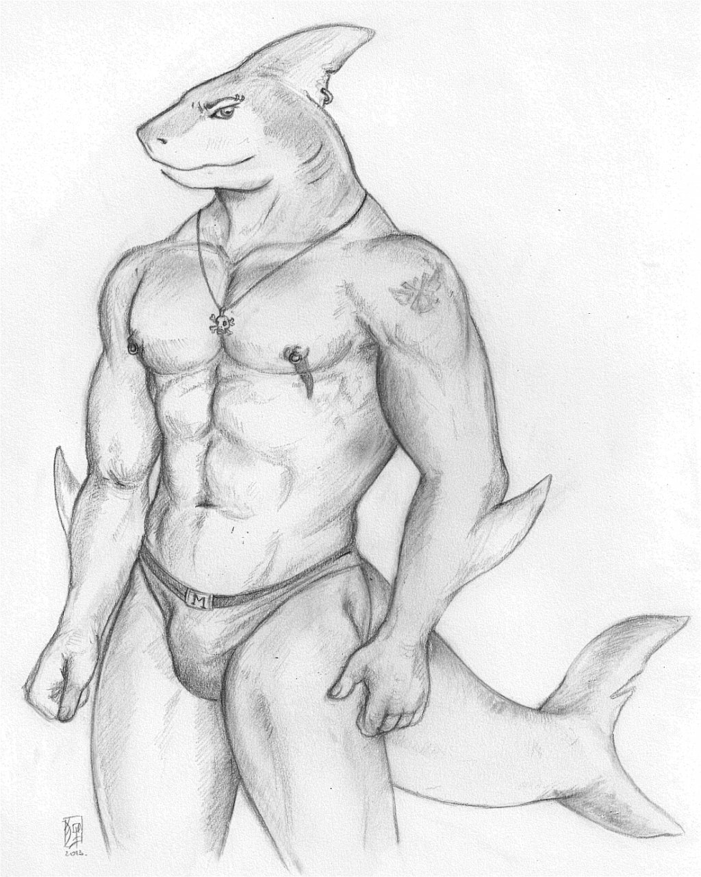 abs anthro biceps bulge facial_piercing fin_piercing fish fishmen furry-specific_piercing gills greyscale looking_at_viewer male marine monochrome muscles necklace nipple_piercing nipples pecs piercing shark solo speedo standing swimsuit tanuki_(artist) tattoo toned topless uncolored