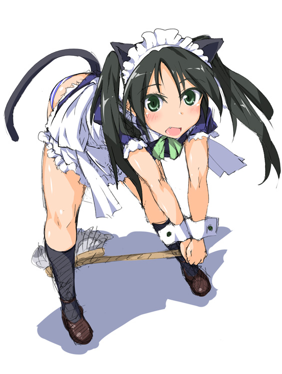 apron bent_over black_hair black_legwear blush broom fang francesca_lucchini green_eyes kneehighs kuronyan long_hair looking_at_viewer maid maid_headdress open_mouth panties shiny shiny_skin simple_background solo strike_witches striped striped_panties tail twintails underwear white_background world_witches_series wrist_cuffs