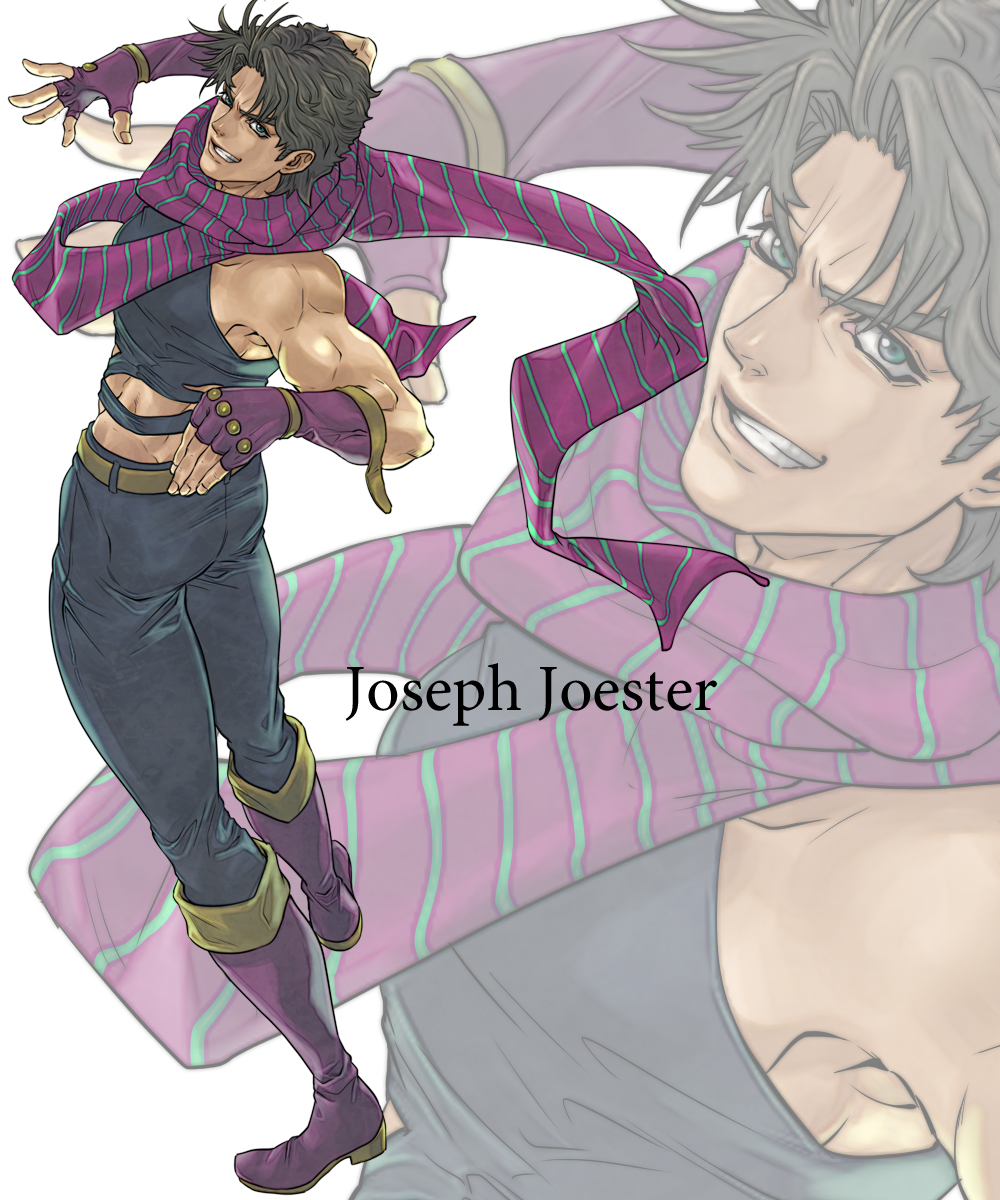 bad_id bad_pixiv_id bare_shoulders blue_eyes boots brown_hair character_name fingerless_gloves gloves highres jojo_no_kimyou_na_bouken joseph_joestar_(young) male_focus midriff scarf solo v-room zoom_layer