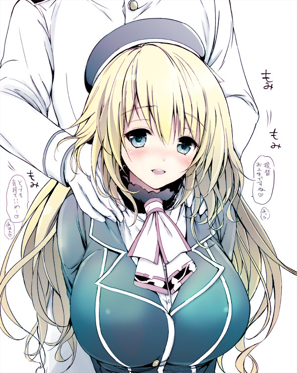 admiral_(kantai_collection) atago_(kantai_collection) blonde_hair blue_eyes blush breasts hat kantai_collection kurimomo large_breasts long_hair looking_at_viewer military military_uniform shoulder_massage simple_background translated uniform white_background