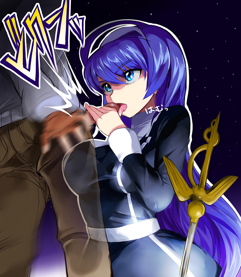 1girl ahoge bad_id bad_pixiv_id black_dress blue_eyes breasts dress fellatio hairband hetero large_breasts licking long_hair machbow motion_blur oral orie_(under_night_in-birth) penis purple_hair rapier sky solo_focus star_(sky) starry_sky sword taut_clothes under_night_in-birth weapon x-ray