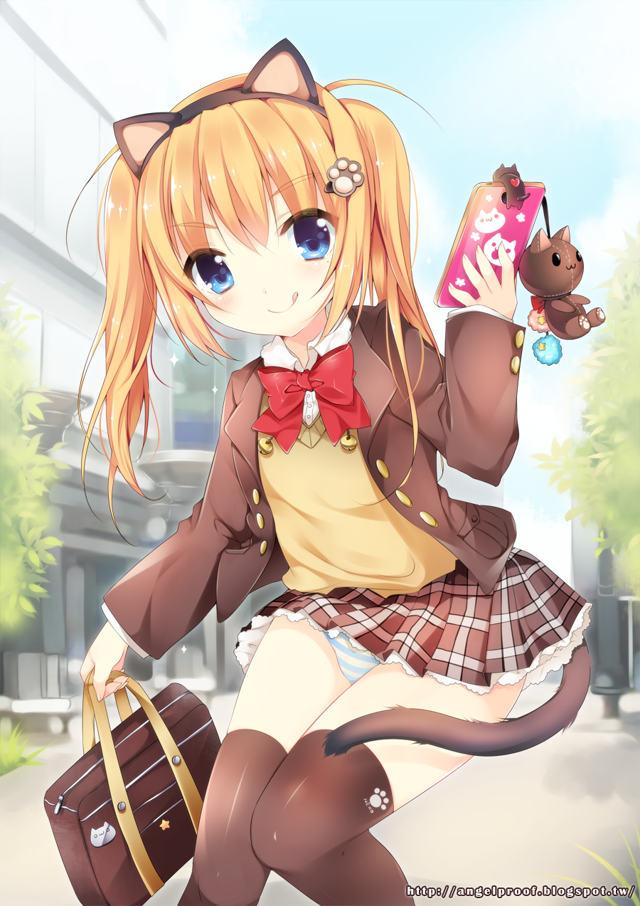 :q animal_ears bag blazer blue_eyes brown_hair cat_ears cat_tail cellphone fake_animal_ears hair_ornament hairband hairclip highres jacket open_clothes open_jacket original panties paw_print phone school_bag school_uniform smartphone solo striped striped_panties sweater tail thighhighs tongue tongue_out twintails underwear usagihime