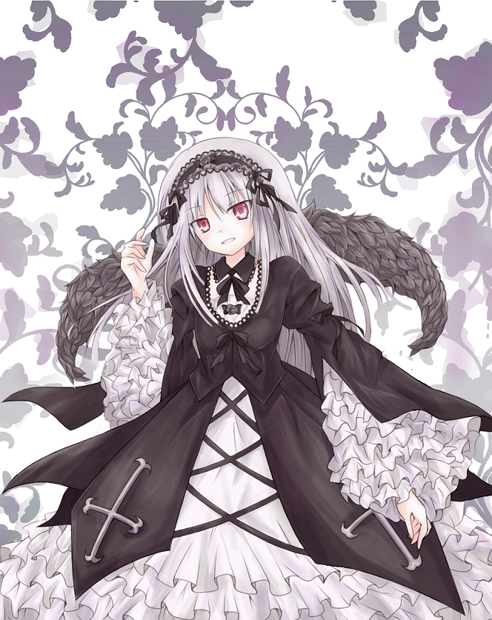 arm_up black_flower black_rose cross dress feathered_wings flower frilled_dress frills hairband head_tilt lavender_hair layered_dress leaf leaf_background lolita_fashion lolita_hairband long_hair looking_at_viewer parted_lips red_eyes ribbon rose rozen_maiden solo suigintou takojiru very_long_hair wings