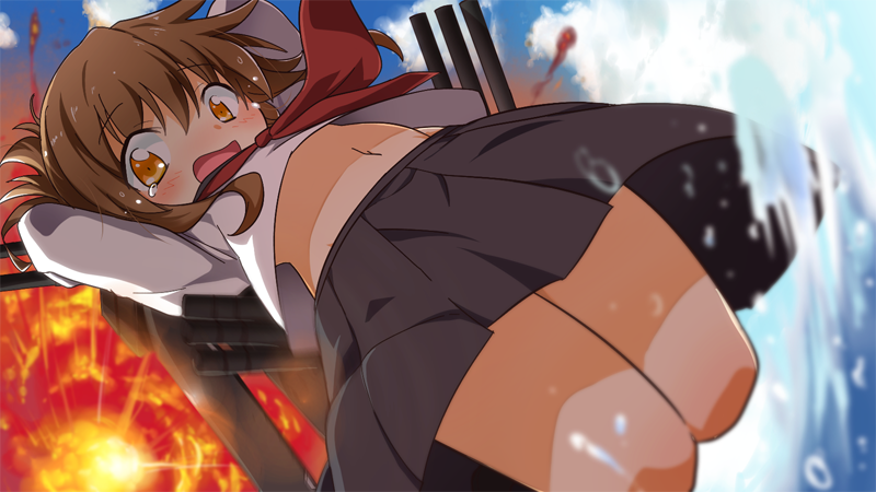 brown_eyes brown_hair close-up dress explosion from_below inazuma_(kantai_collection) kantai_collection machinery navel open_mouth school_uniform serafuku solo tears turret water yuto_(dialique)