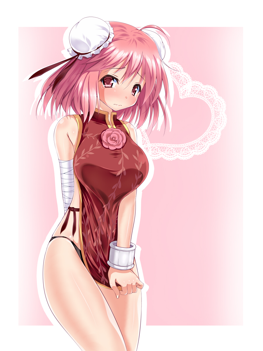 ahoge bandages black_panties blush breasts bun_cover commentary_request cuffs double_bun embarrassed flower heart highres ibaraki_kasen large_breasts naked_tabard no_pants panties pink_background pink_eyes pink_hair shirt_tug short_hair solo tabard touhou u2_(5798239) underwear