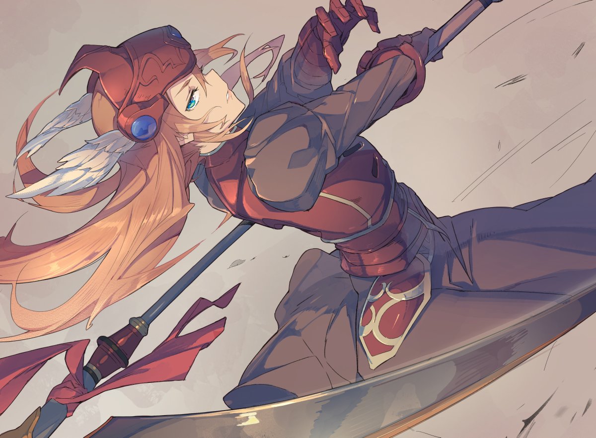 1girl armor armored_dress blue_eyes brown_hair commentary_request dress elmina_niet feathers frown gloves helmet lady_harken long_hair red_armor scythe solo tarariko valkyrie weapon wild_arms wild_arms_1