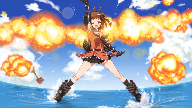 antenna_hair brown_eyes brown_hair cloud day double_bun elbow_gloves explosion gloves kantai_collection lens_flare naka_(kantai_collection) ocean one_eye_closed open_mouth short_hair sky solo standing standing_on_liquid water yuto_(dialique)