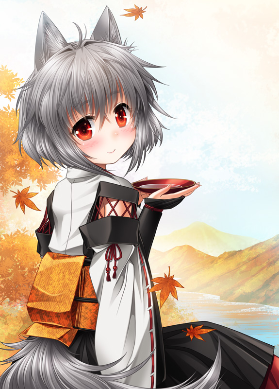 alcohol animal_ears blush cup inubashiri_momiji japanese_clothes kei_kei kourindou_tengu_costume leaf looking_at_viewer looking_back no_hat no_headwear red_eyes sakazuki sake short_hair silver_hair smile solo tail touhou wolf_ears wolf_tail