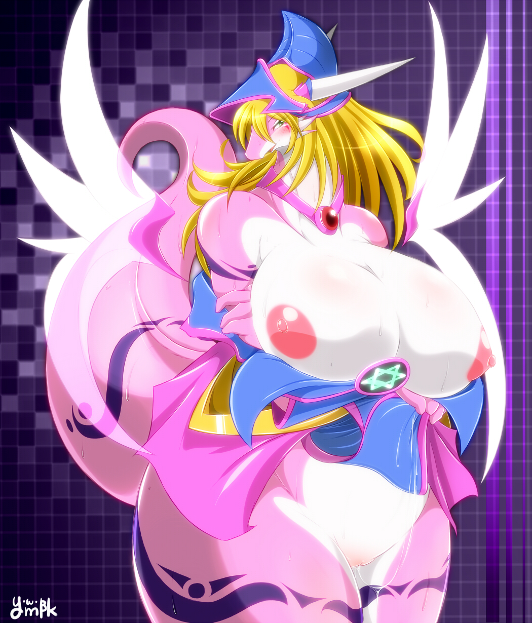 areolae artist_name bangs blonde_hair breasts checkered checkered_background dark_magician_girl dragon dragon_tail duel_monster fat furry gigantic_breasts green_eyes hat hexagram highres horns jewelry large_areolae long_hair necklace open_clothes pussy pussy_juice solo star_of_david sweat tail tattoo wings ymbk yuu-gi-ou