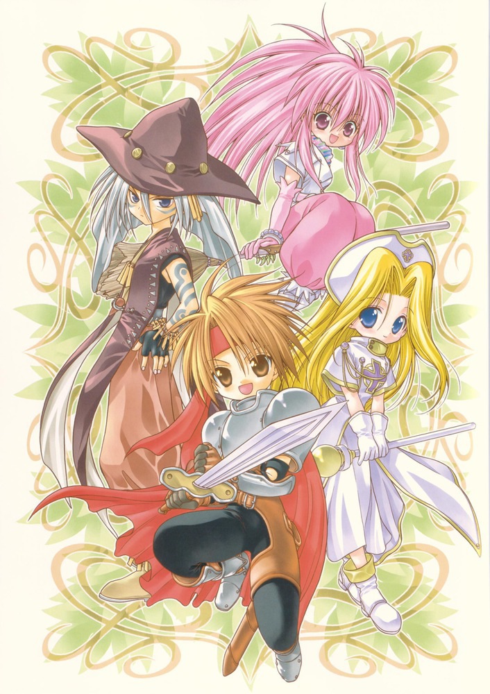 2girls arche_klein armor artist_request blonde_hair blue_eyes boots broom broom_riding brown_eyes brown_hair cape cless_alvein elbow_gloves gloves green_background grey_hair hat headband klarth_lester knee_boots long_hair mint_adenade multiple_boys multiple_girls nurse_cap pants pink_eyes pink_hair pink_pants ponytail red_cape scan shoes smile sword tales_of_(series) tales_of_phantasia tattoo wand weapon wide_ponytail