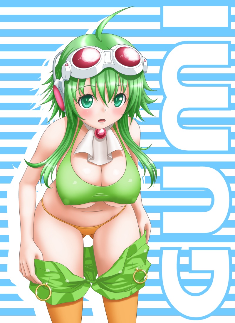 blush breasts character_name cleavage covered_nipples goggles goggles_on_head green_eyes green_hair gumi large_breasts leaning_forward long_hair megpoid_(vocaloid3) short_hair_with_long_locks sidelocks solo t2r undressing vocaloid