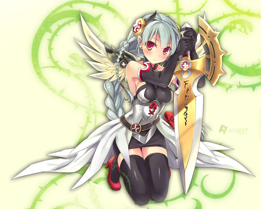 bankoku_ayuya bare_shoulders belt black_legwear blush bow braid breasts ear_piercing elbow_gloves gloves high_heels light_valkyrie_(p&amp;d) long_hair looking_at_viewer medium_breasts piercing pointy_ears puzzle_&amp;_dragons red_eyes silver_hair skirt solo sword thighhighs tri_braids valkyrie_(p&amp;d) very_long_hair weapon wings zettai_ryouiki