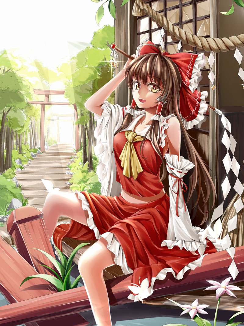 arm_up ascot bare_shoulders bell bow brown_eyes brown_hair bug butterfly day detached_sleeves flower forest gohei hair_bow hair_tubes hakurei_reimu insect long_hair looking_at_viewer midriff mr_cloud nature navel open_mouth path road rope shimenawa shirt sitting skirt skirt_set sky smile solo stairs torii touhou very_long_hair vest wide_sleeves