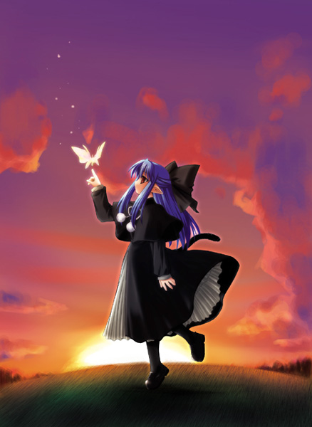 artist_request black_dress blue_hair bow bug butterfly capelet cat_tail cloud dress grass hair_bow half_updo insect kagetsu_tooya len long_hair melty_blood nature pointy_ears red_eyes ribbon sky solo star_(sky) starry_sky tail tsukihime