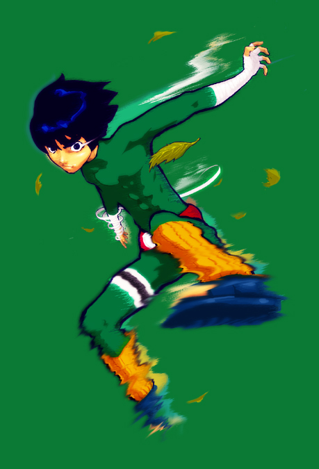 abs afterimage bandaged_arm bandaged_hands bandages bangs black_eyes black_hair blue_footwear bodysuit boots bowl_cut closed_mouth forehead_protector frown full_body green_background green_bodysuit leaf long_sleeves looking_at_viewer male_focus motion_blur naruto naruto_(series) ninja open_toe_shoes ozawa_tomohiro rock_lee serious simple_background skin_tight solo thick_eyebrows thigh_strap toeless_boots toned toned_male turtleneck v-shaped_eyebrows weight_belt weights