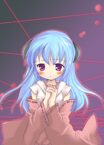 artist_request blue_hair detached_sleeves hanyuu higurashi_no_naku_koro_ni horns japanese_clothes long_hair lowres miko non-web_source purple_eyes solo