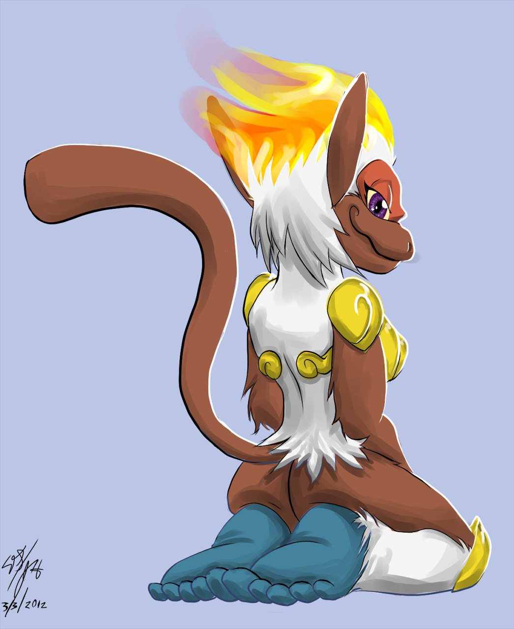 5_toes ambiguous_gender anthro back_turned blue_background butt fire foot_focus hindpaw infernape jammerhighwind kneeling looking_back mammal nintendo paws plain_background pok&#233;mon pok&eacute;mon primate purple_eyes simple_background soles solo toes video_games