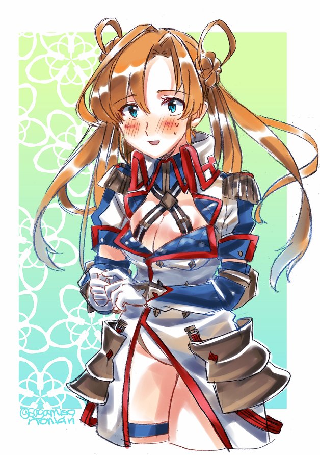 1girl :d abukuma_(kantai_collection) asymmetrical_bangs bangs blonde_hair blue_eyes blush border bradamante_(fate/grand_order) bradamante_(fate/grand_order)_(cosplay) breasts buttons cleavage cleavage_cutout commentary cosplay cropped_legs double_bun elbow_gloves epaulettes eyebrows_visible_through_hair fate/grand_order fate_(series) floral_background gloves gradient_hair hair_between_eyes hair_rings kantai_collection leotard long_hair long_sleeves looking_at_viewer multicolored_hair open_mouth ribbon sagamiso smile solo sweat twintails twitter_username white_border white_coat white_gloves