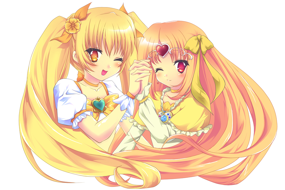 aloemonaka blonde_hair bow brooch capelet choker circlet cure_muse_(yellow) cure_sunshine frills hair_ribbon heart heartcatch_precure! jewelry long_hair magical_girl midriff multiple_girls myoudouin_itsuki open_mouth orange_bow orange_choker orange_hair precure ribbon shirabe_ako skirt smile suite_precure twintails yellow_bow yellow_choker yellow_eyes yellow_skirt