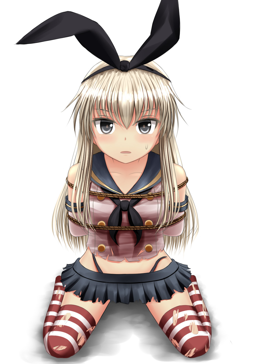 arms_behind_back bdsm black_panties blonde_hair bondage bound bound_arms collarbone detached_sleeves elbow_gloves gin_fuaru gloves grey_eyes hair_ribbon highres kantai_collection long_hair looking_at_viewer microskirt panties parted_lips ribbon rope sailor_collar shadow shimakaze_(kantai_collection) simple_background sitting skirt solo striped striped_legwear sweatdrop thighhighs torn_clothes underwear wariza white_background