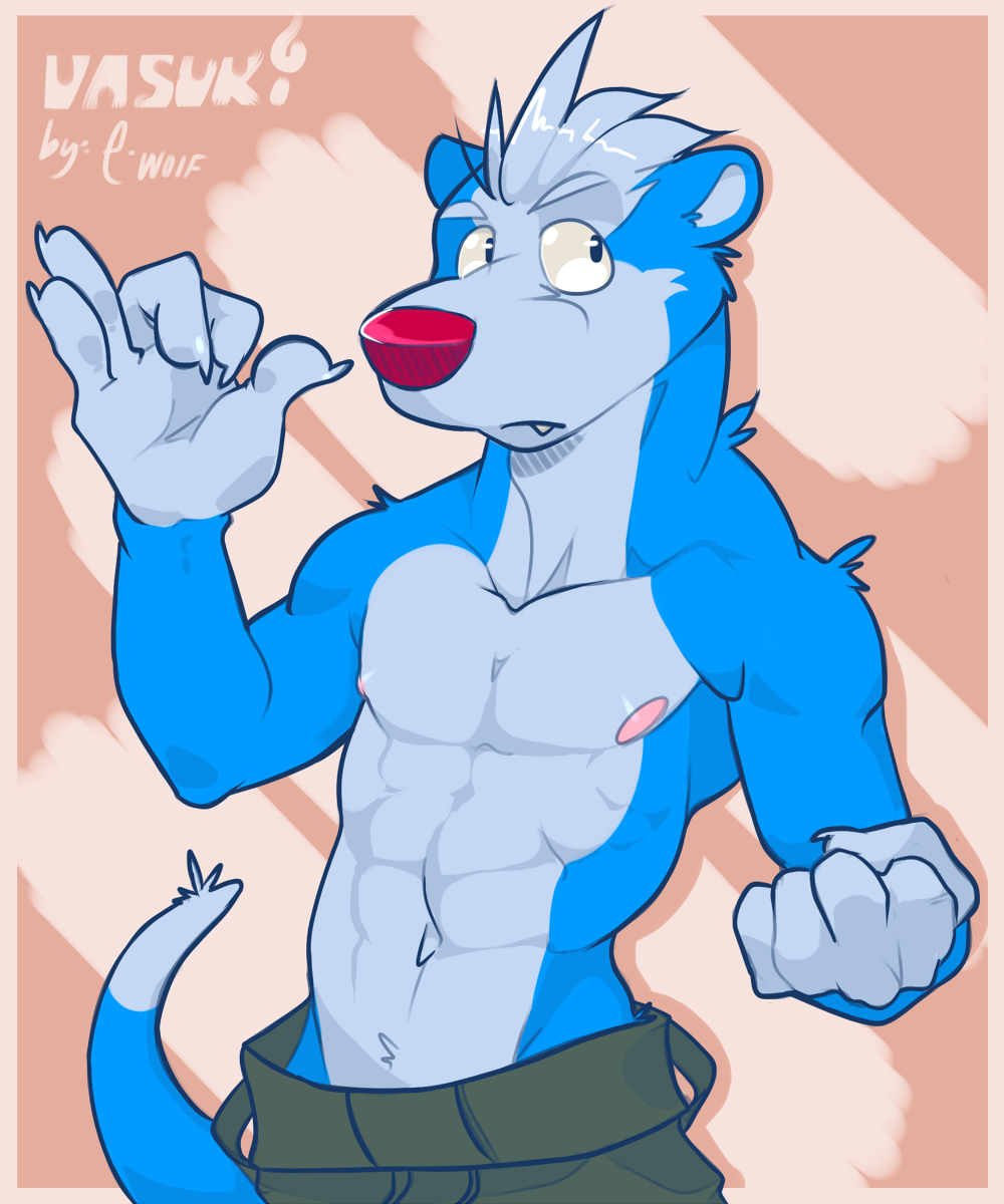 anthro biceps blue_eyes blue_fur claws clothed clothing e-w01f ermine fur grey_fur half-dressed male muscles nipples pants pecs pose red_nose simple_background solo standing toned topless