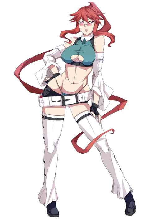 artist_request belt black_footwear chaos_code contrapposto detached_sleeves full_body glasses gloves hand_on_hip hermes_gberardini long_hair long_sleeves looking_at_viewer midriff navel red_hair shoes simple_background solo standing stomach string_panties thighhighs very_long_hair vest white_background white_legwear