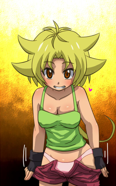 1girl awa beyblade blonde_hair blush breasts brown_eyes cleavage fingerless_gloves gloves kurenai_ren metal_fight_beyblade panties pink_panties underwear undressing