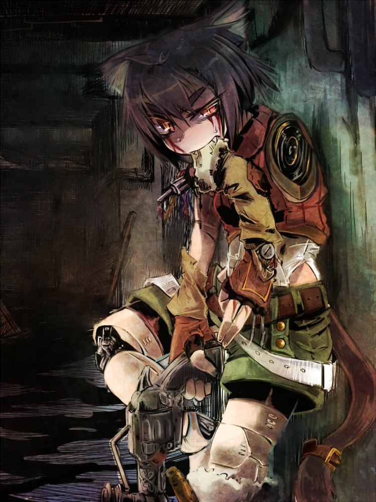 1girl amagaeru_(hylathewet) amputee android animal_ears belt biting black_hair broken cat_ears cat_tail damaged fang fingerless_gloves gloves gun injury looking_at_viewer mechabare missing_fingers mouth_hold object_in_mouth original parts_exposed revolver severed_arm severed_limb shorts slit_pupils tail weapon wire