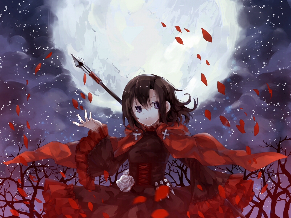 bad_id bad_pixiv_id brown_hair cape crescent_rose cross eveshut flower forest holding moon nature petals purple_eyes rose_petals ruby_rose rwby short_hair skirt solo tree weapon