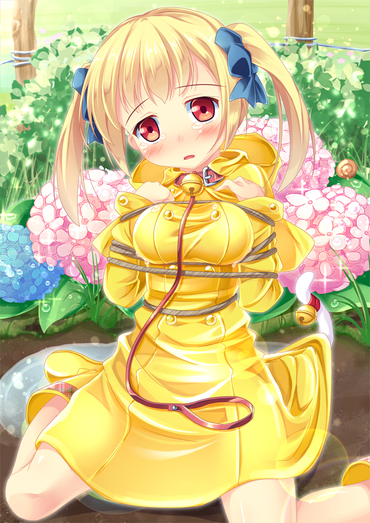 bdsm bell bell_collar blonde_hair blush bondage bound collar flower leash looking_at_viewer original raincoat red_eyes rope sekine_irie solo tail tears twintails