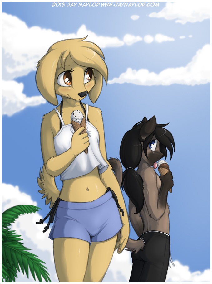 anthro aron aron_(character) audrey black_hair blonde_hair blue_eyes blush breasts brown_eyes canine cat clothed clothing cloud cute dog duo feline female fur hair hairband ice_cream jay_naylor long_hair looking_back male mammal navel open_mouth outside shorts sky small_breasts smile tongue tongue_out topless