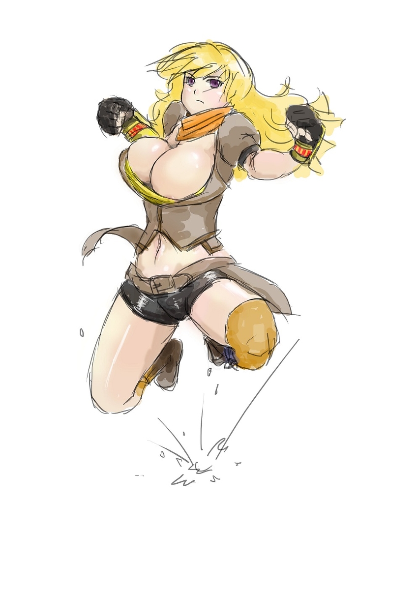 1girl blonde_hair breasts highres jumping large_breasts pixiv_manga_sample resized rwby simple_background white_background yang_xiao_long