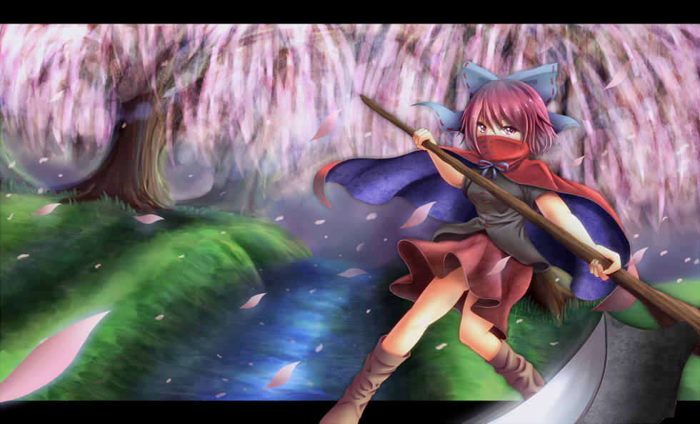 bad_id bad_pixiv_id blouse boots bow cape covering_mouth grass hair_bow letterboxed looking_at_viewer petals red_eyes red_hair ryu-ma_(tuylp) scythe sekibanki short_hair short_sleeves skirt solo stream touhou willow wind