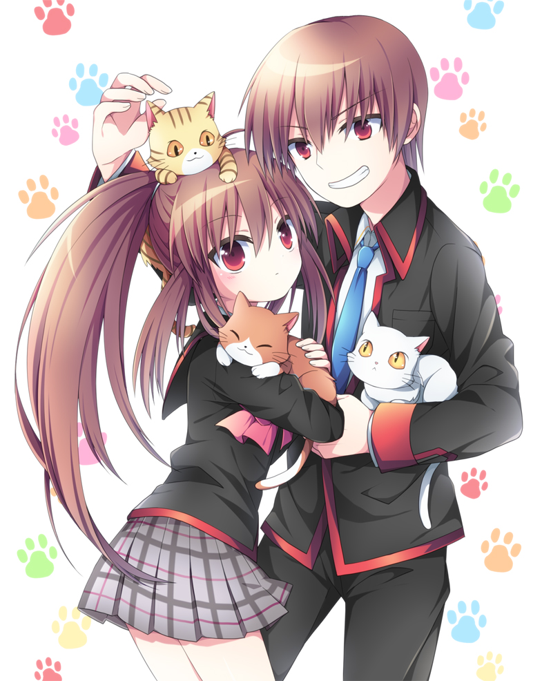 1girl animal animal_on_head brother_and_sister brown_hair cat cat_on_head grin lennon little_busters! long_hair natsume_kyousuke natsume_rin on_head paw_print ponytail red_eyes school_uniform short_hair siblings smile soranagi
