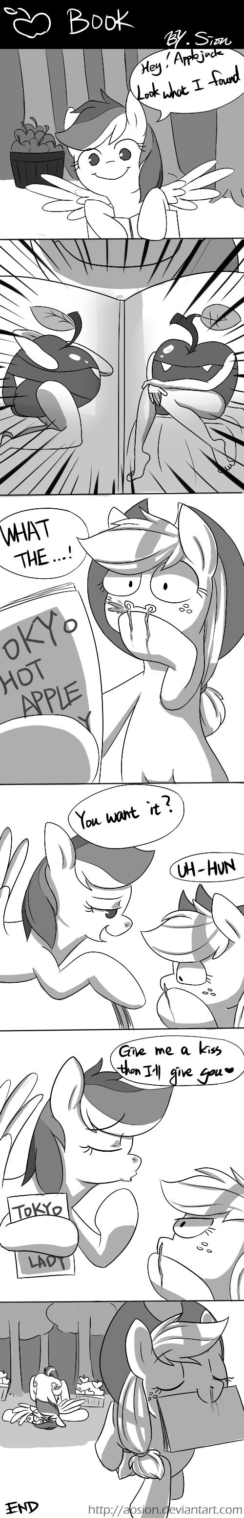 apple applejack_(mlp) bikini black_and_white blonde_hair blood bloody_nose book comic cowboy_hat cute cutie_mark dialog duo english_text equine eyes_closed female feral freckles friendship_is_magic fruit fur hair hat horse long_hair looking_at_viewer mammal monochrome my_little_pony nosebleed open_mouth outside pegasus pony rainbow_dash_(mlp) smile swimsuit text tree what what_has_science_done wings