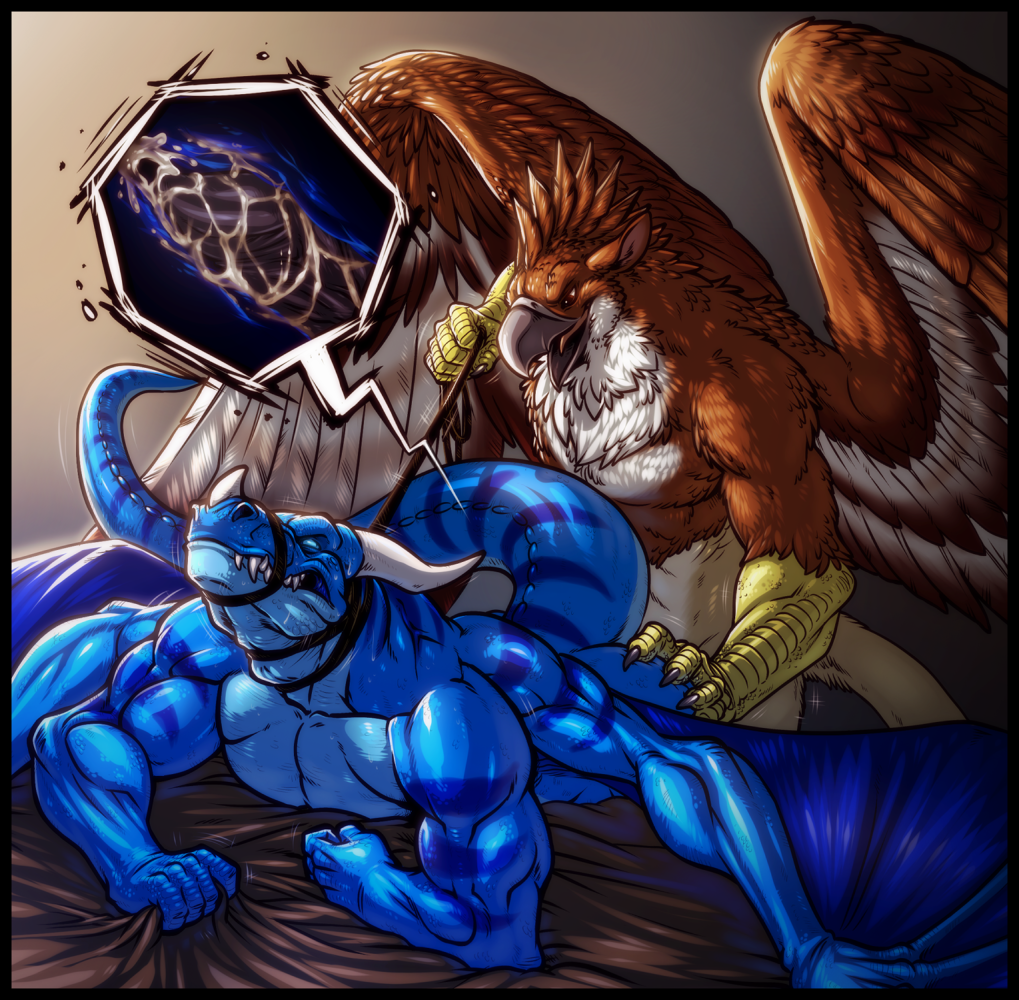 abs all_fours anal anal_penetration anthro anus avian beak bed biceps big_muscles blue_dragon blue_scales blue_skin body_markings brown_body brown_eyes chest_tuft claws clenched_teeth close-up cum cum_in_ass cum_inside doggystyle dragon duo erection eyes_closed fangs feathers from_behind fur gay gripping gryphon holding horn internal interspecies leash looking_back lying male markings muscles neodokuro nude on_front open_mouth orgasm pecs penetration penis reptile scales scalie sex standing stripes tabra talons teeth toned tongue tuft western_dragon white_body wings